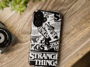 stranger things collage phone case – black & white retro newspaper design