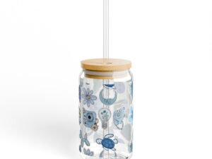 blue floral sipper glass with bamboo lid — 16oz straw tumbler