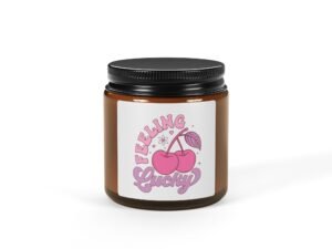 cherry "feeling lucky" soy candle — amber jar