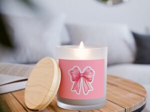 pink bow frosted glass candle — 11oz decorative scented candle