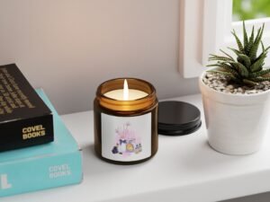 aromatherapy soy candle — amber jar with floral & oil diffuser design