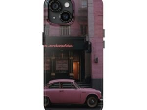 pink vintage car tough phone case — retro cityscape with neon 'love, an encounter' design