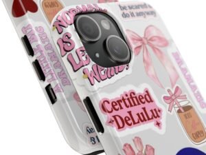 tough phone case — pink sticker collage ‘certified delulu’ protective iphone cover
