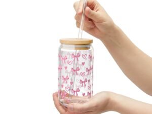 glass sipper tumbler — pink bows & hearts 16oz reusable straw cup