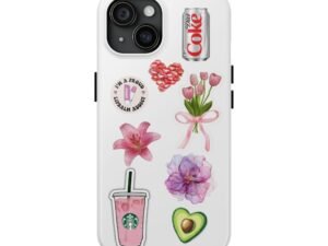floral sticker collage tough phone case — pink hearts, tulips & avocado design